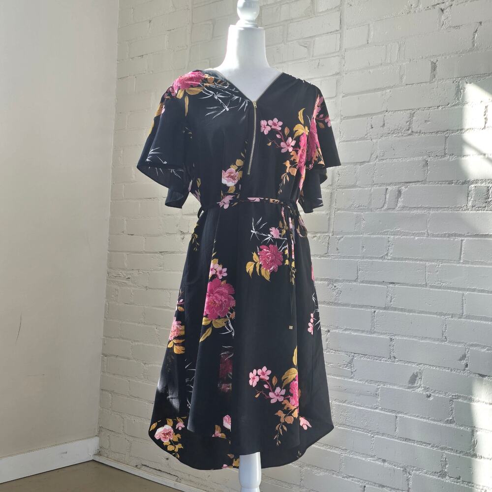 City Chic Black Floral Dress┃Gold Zip Front Flutter Sleeve ┃Whimsigoth Romantic